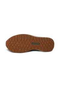 Brown rubber shoe sole with textured tread pattern, featuring a central logo and small speckles throughout. Flat, wide shape for stability.