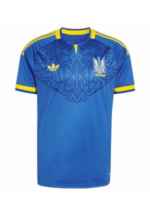 Blau-gelbes Fußballtrikot der Ukraine mit geometrischem Muster, Adidas-Logo auf der linken Brust und Ukraine-Emblem auf der rechten Brust.