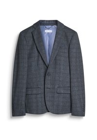Blazer grigio da uomo realizzato in un tessuto testurizzato con un sottile motivo a scacchi. Presenta revers a punta, due tasche anteriori e bottoni sui polsini.