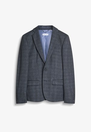 Blazer gris pour homme en tissu texturé avec un motif à carreaux subtil. Comprend des revers crantés, deux poches avant et des boutons aux poignets.