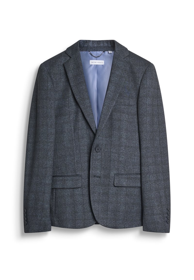 Blazer grigio da uomo realizzato in un tessuto testurizzato con un sottile motivo a scacchi. Presenta revers a punta, due tasche anteriori e bottoni sui polsini.
