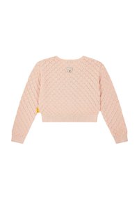 Pull en tricot rose avec un motif en diamant, coupe courte, manches longues et petit patch ours dans le dos. Poignets et ourlet côtelés.