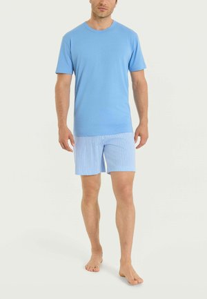 Uomo che indossa una camicia a maniche corte azzurro chiaro e pantaloncini a righe blu e bianche, in piedi a piedi nudi su uno sfondo bianco uniforme.