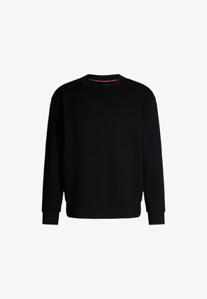 Schwarzer Pullover aus weichem Stoff mit Rundhalsausschnitt, langen Ärmeln sowie gerippten Bündchen und Saum. Einfaches, modernes Design.