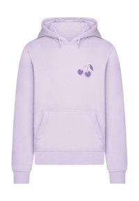 Un hanorac violet deschis cu buzunar frontal, cu un grafic mic de cireș într-un violet mai închis, realizat dintr-un material moale.