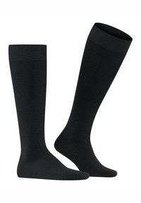 Black knee-high socks with a ribbed top and smooth texture, designed for comfort and durability. Suitable for formal and casual wear.