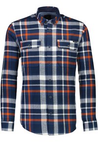 Camicia a flanella a quadri con colori blu navy, bianco e arancione. Maniche lunghe, colletto a punta, e due tasche sul petto con chiusure a pattina.