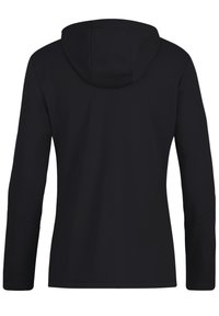 Felpa nera con una texture liscia, maniche lunghe, una forma aderente e un cappuccio regolabile con lacci. Nessun marchio visibile o dettagli aggiuntivi.
