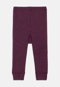 Leggings viola a coste con cintura elastica e polsini stretti. Realizzati in tessuto morbido e strutturato senza ornamenti.
