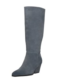 Grijze suede laars tot de knie met een spitse neus en een blokhak. Gladde textuur, gestructureerd ontwerp en minimale stikseldetails.