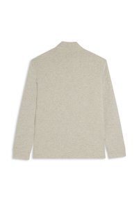 Maglione grigio chiaro a maniche lunghe con colletto, caratterizzato da una texture liscia e cuciture sottili. Senza motivi o accenti distintivi.