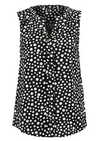 Černá bezrukávová blůza s knoflíkovým výstřihem, zdobená bílými puntíky. Vyrobena z lehkého materiálu, hladká textura.