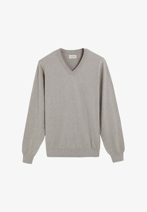 Suéter gris de cuello en v hecho de una tela suave, con mangas largas, puños acanalados y un ajuste relajado. Diseño simple sin patrones ni acentos.