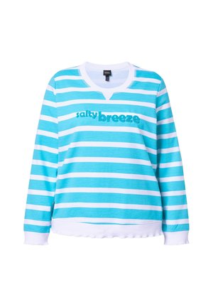 Blå- og hvidstribet sweatshirt med lange ærmer, hvide kanter ved ærmer og kant, med teksten "salty breeze" broderet over brystet.