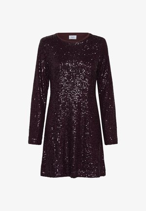 Bordeaux lange mouwen jurk bedekt met pailletten, met een ronde halslijn en een losvallende pasvorm, met een licht gestructureerd oppervlak.