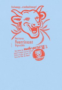 Design štítku s modrým pozadím, obsahující oranžovou ilustraci usmívající se krávy. Text zdůrazňuje krémovost a výživové hodnoty.