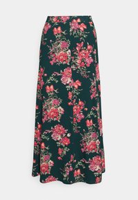 Saia maxi floral com um fundo verde escuro e flores vibrantes em vermelho, rosa e roxo. Feita de um tecido suave com uma silhueta fluida.