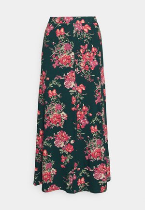 Saia maxi floral com um fundo verde escuro e flores vibrantes em vermelho, rosa e roxo. Feita de um tecido suave com uma silhueta fluida.