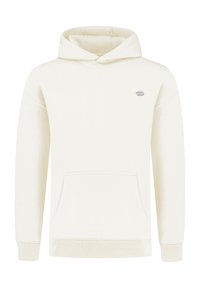Cremefarbener Hoodie aus weichem Stoff, mit einer Fronttasche, gerippten Bündchen und einem kleinen Logo auf der Brust. Einfaches Design.