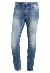 Blå denimjeans med slim fit; blekt utseende med subtila slitningar; femficksmodell; standardknapp och dragkedjestängning.