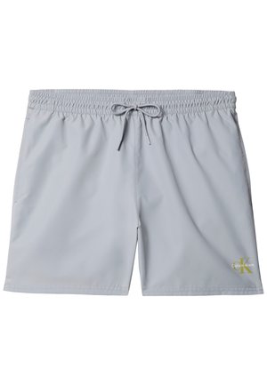 Lysegrå herrebadshorts med elastisk linning, snøring, sidelommer og liten Calvin Klein-logo på venstre ben.