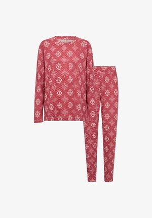 Röd mönstrad lounge-set med långärmad topp och matchande byxor. Designen innehåller vita geometriska motiv på ett mjukt tyg.