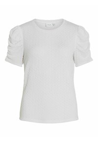 T-shirt blanc texturé avec des manches courtes bouffantes et un col ras du cou. Dispose d'un motif gaufré subtil et d'une ligne d'ourlet droite.