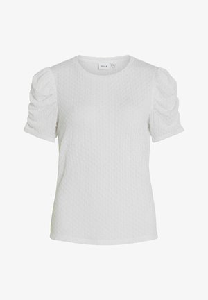 Witte textuur T-shirt met korte pofmouwen en een ronde hals. Heeft een subtiel wafelpatroon en een rechte zoom.