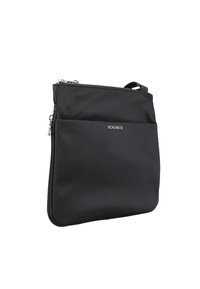 Borsa a pochette nera in nylon con hardware argentato, dotata di scomparto principale con chiusura lampo e tasca frontale. Logo visibile sulla parte anteriore.