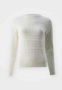Pull en maille blanc avec motifs texturés, rayures horizontales et poignets côtelés. Tissu doux avec encolure ronde.