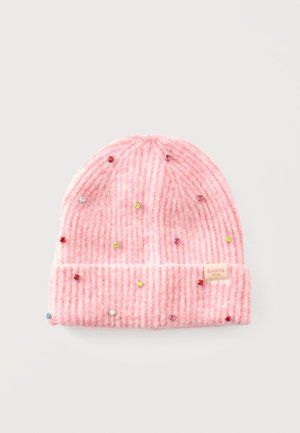 Bonnet en tricot rose orné de petites pierres multicolores et d'un revers plié avec une étiquette de la marque Barts.