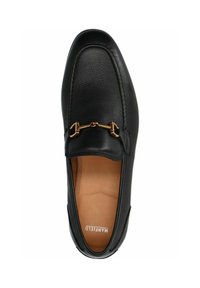 Black leather loafers with a textured finish, featuring a gold chain accent on the vamp and a light brown interior lining.