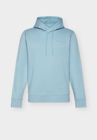Sweat à capuche bleu clair à manches longues avec cordons et logo discret de la marque sur la poitrine gauche, présenté à plat sur un fond uni.