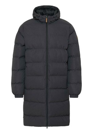 Svart pufferjakke med hette, med glidelås foran, quiltet mønster og elastiske mansjetter. Laget av mykt, lett og isolert materiale.