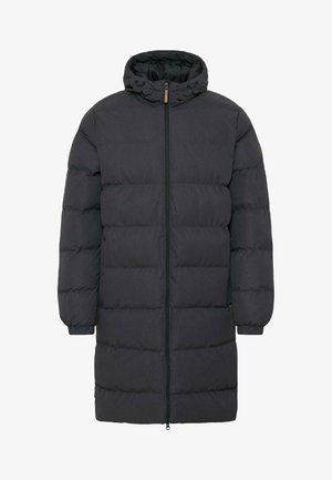 Svart pufferjakke med hette, med glidelås foran, quiltet mønster og elastiske mansjetter. Laget av mykt, lett og isolert materiale.