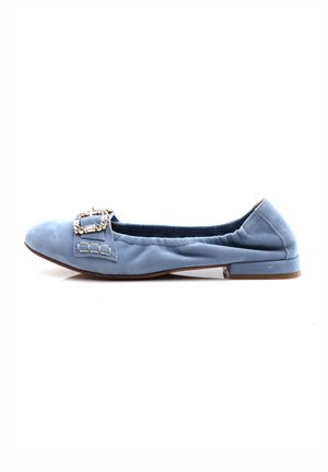 Light blue suede ballet flat with a textured upper, featuring a decorative square buckle on the toe and a low, solid heel.