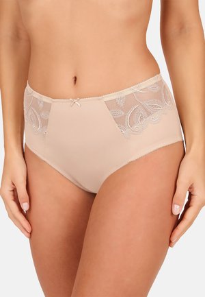 Beige hochtaillierte Unterwäsche mit Spitze und floralem Muster sowie einer Schleifenakzent in der Mitte. Hergestellt aus einem glatten, weichen Stoff.