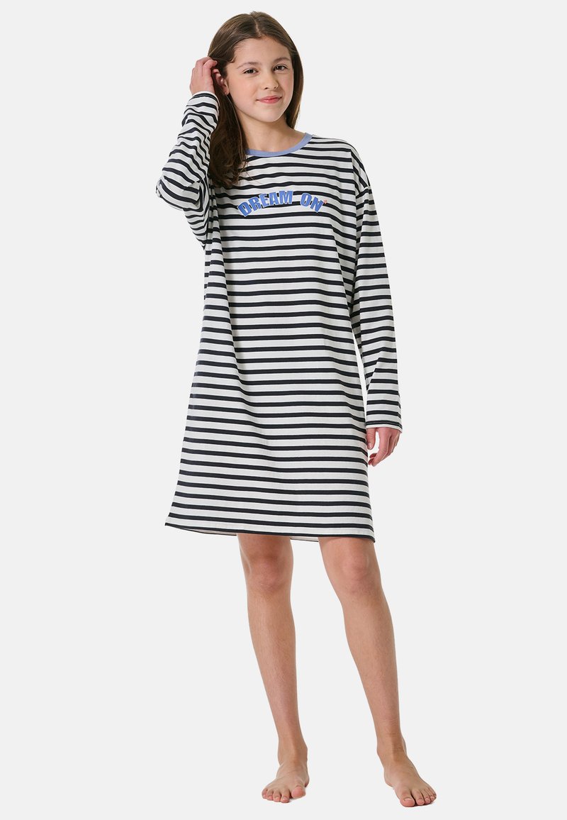 Gestreifter Nachthemd mit langen Ärmeln in Schwarz und Weiß, mit einem hellblauen Kragen und dem Text "DREAM ON" in Blau und Rot. Aus weichem Baumwollmaterial.