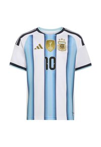 Maillot de football rayé blanc et bleu clair avec des accents noirs, portant le numéro 10, l'emblème de la FIFA et le badge de l'équipe nationale d'Argentine.