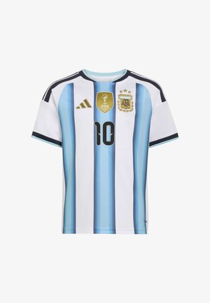 Vit och ljusblå randig fotbollströja med svarta detaljer, med nummer 10, FIFA-emblem och Argentinas landslagstecken.