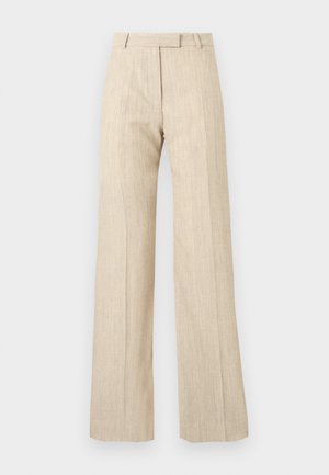 Beige hochtaillierte Hosen mit weitem Bein, Gürtelschlaufen und vorderen Falten, aus strukturiertem Stoff gefertigt.