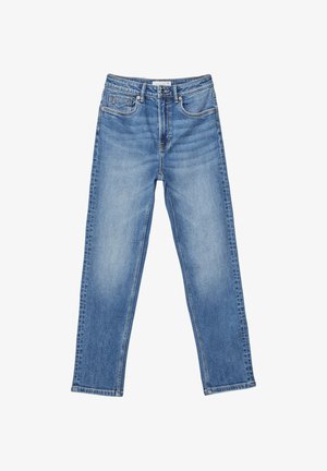 Helle blaue Jeans aus Denim mit gerade geschnittenem Sitz, fünf Taschen-Design und kontrastierenden Nähten. Mit einem Reißverschluss und Gürtelschlaufen.