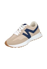 Zapatilla beige y azul marino con cordones y suela blanca, con una suela exterior gruesa color goma y un diseño en zigzag azul marino en el lateral.