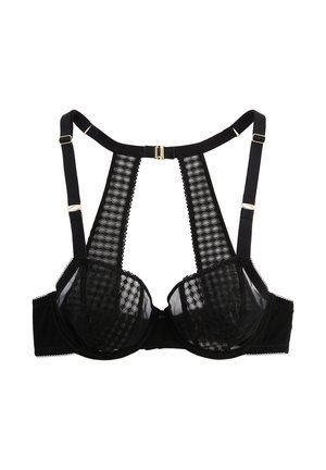 Soutien-gorge noir en dentelle avec bonnets à armatures, bretelles réglables et un panneau vertical décoratif au dos avec fermeture à agrafe dorée.