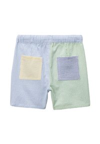 Shorts rayés avec une palette de couleurs bleu clair et vert. Ils sont dotés de deux poches carrées : un patch rayé jaune à gauche et un patch rayé bleu à droite.