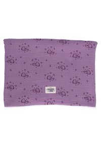 Purple muslin blanket with a textured pattern featuring cartoonish sleeping characters, stars, and moons. Includes a small brand label.