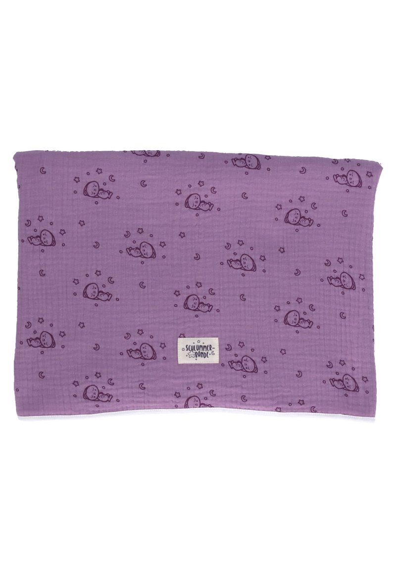 Purple muslin blanket with a textured pattern featuring cartoonish sleeping characters, stars, and moons. Includes a small brand label.