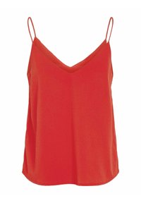 Haut sans manches rouge avec un décolleté en V, fabriqué en tissu doux. Il présente des bretelles fines et une coupe décontractée à l'ourlet.