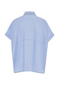 Camicia a maniche corte a righe blu e bianche, con colletto, caratterizzata da un design rilassato con schiena spaccata e texture liscia.