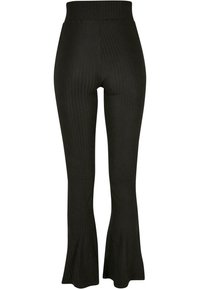 Pantalones acampanados negros fabricados en tejido de canalé. Cintura alta elástica, rayas verticales, corte ajustado en el muslo, acampanando en el dobladillo.